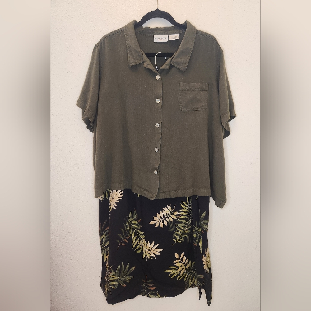 Olive Green Button-Up with Leaf Print Skirt 2X
